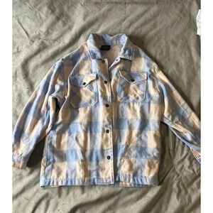 HFX Blue Cream Buffalo Plaid Fleece Shacket Shirt Jacket Large